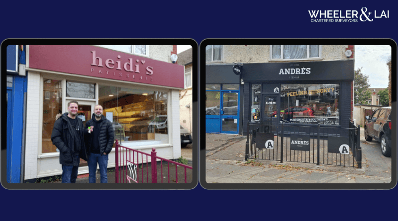 Two images of shop frontsm one left with pink heidis and two people holdig keys in front, right hand side black signage new shop.