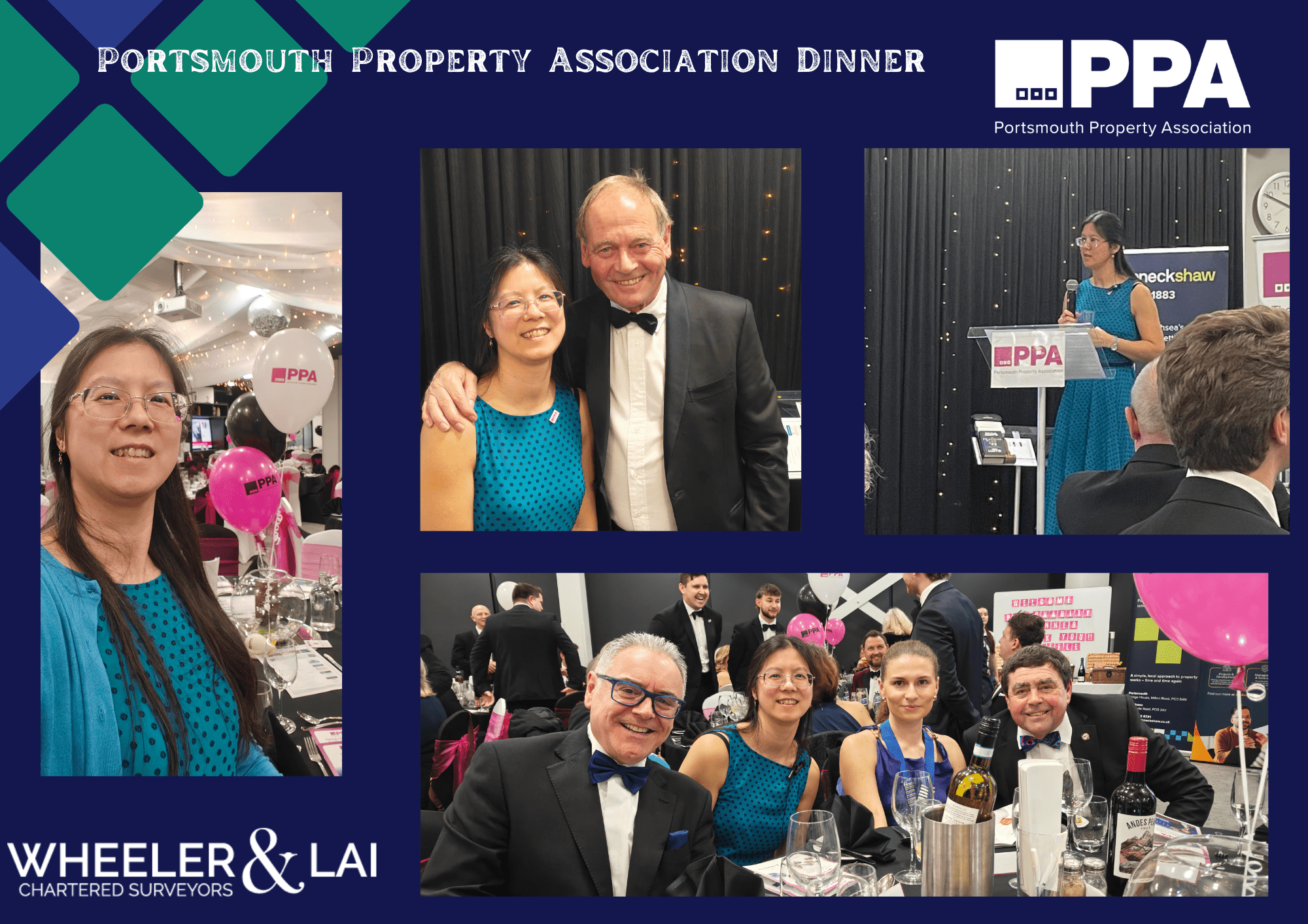 Selection of photos - Sau in front of the dinner table, Sau with John Lloyd, Sau with microphone by lecturn, and Sau with dinner guests